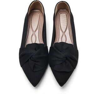 Hiulycence Flat Shoes Women Black Knit Pointed Toe Ballet Bow Comfortable Shoes
